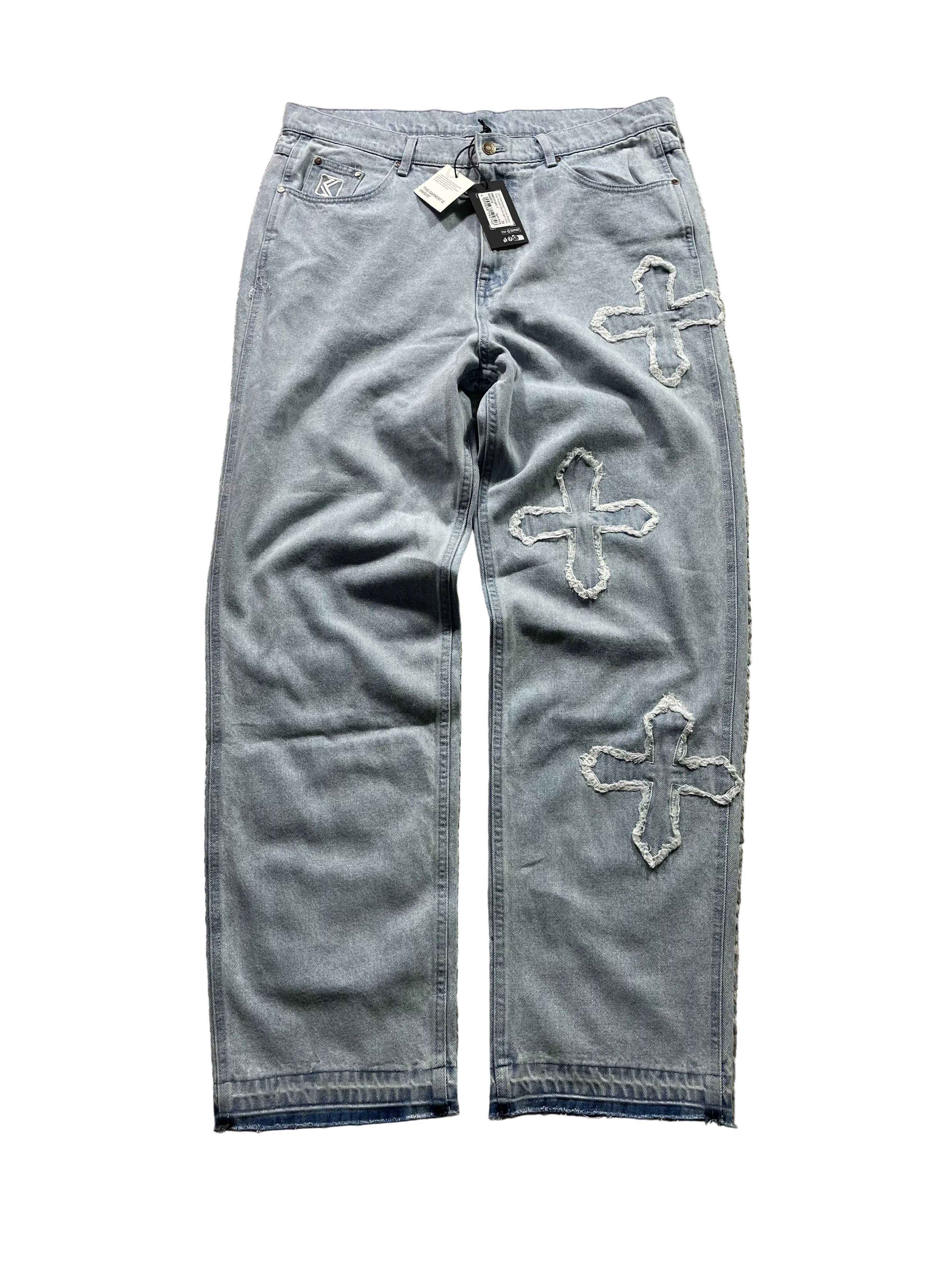 Karl Kani OG Distressed Cross Baggy Denim Jeans | Hellblau | Neu mit Etikett
