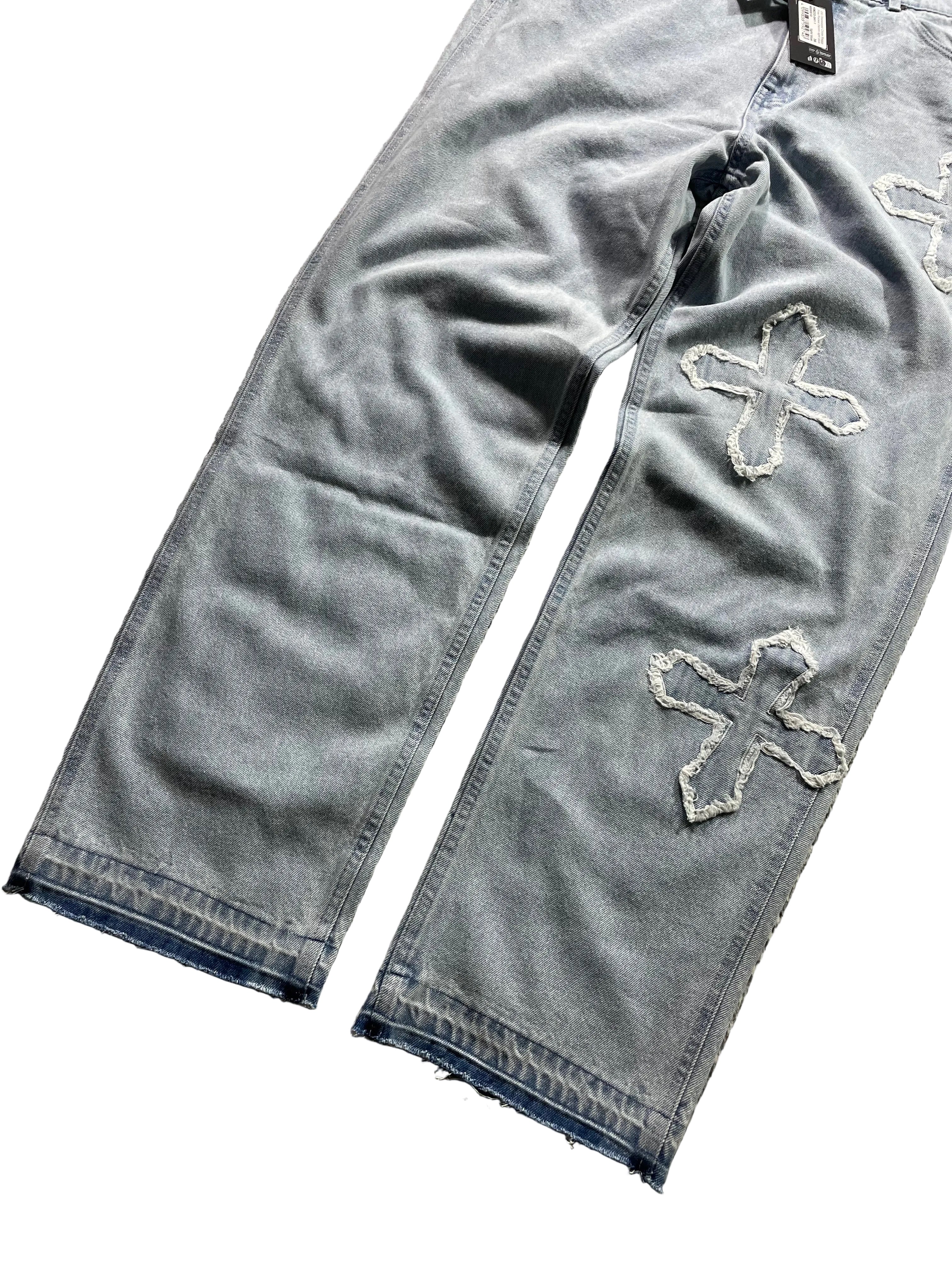 Karl Kani OG Distressed Cross Baggy Denim Jeans | Hellblau | Neu mit Etikett