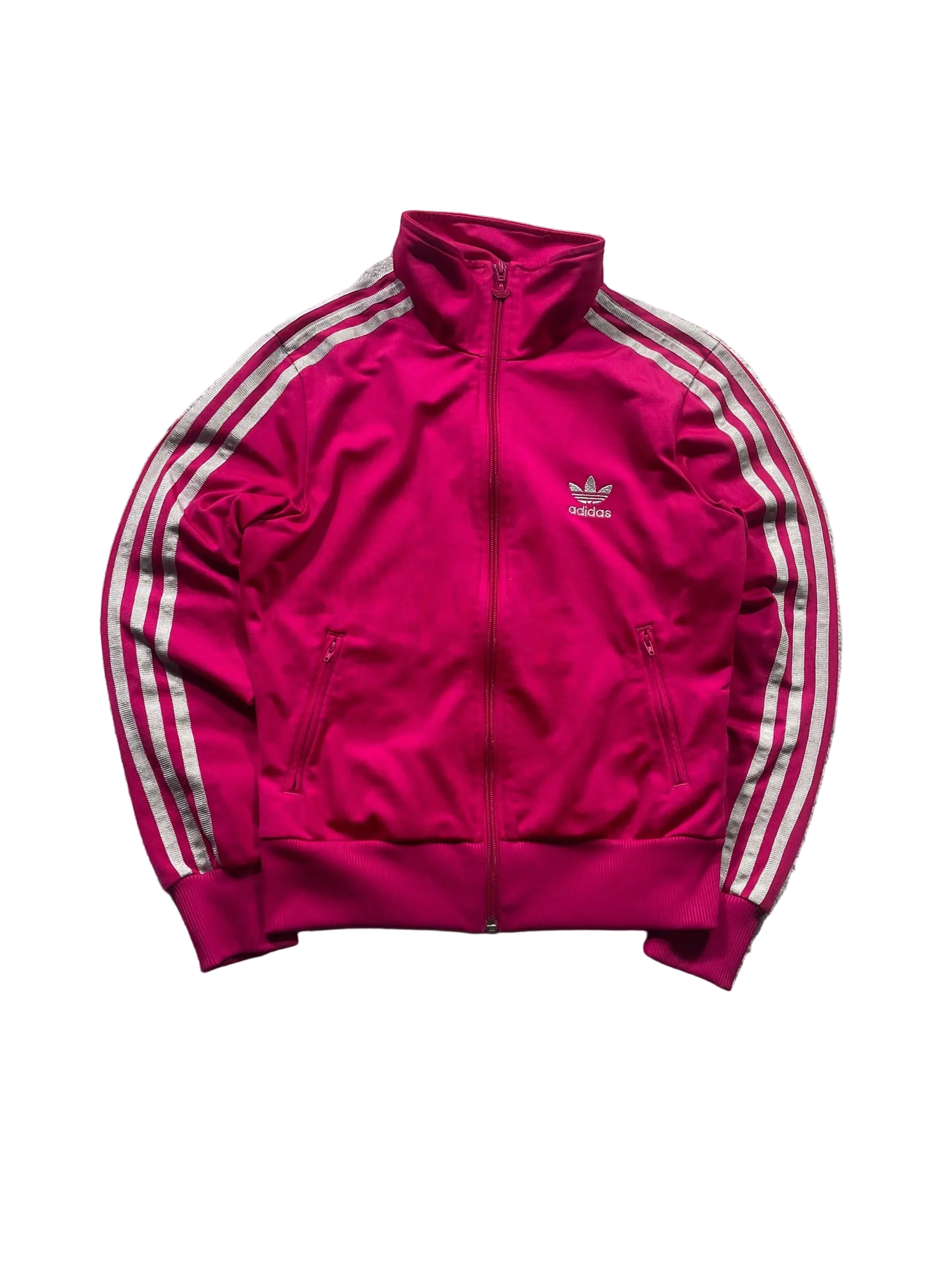 Schnell Spart Adidas Trainingsjacke in leuchtendem Pink mit drei Streifen, Stehkragen und Reißverschlusstaschen.
