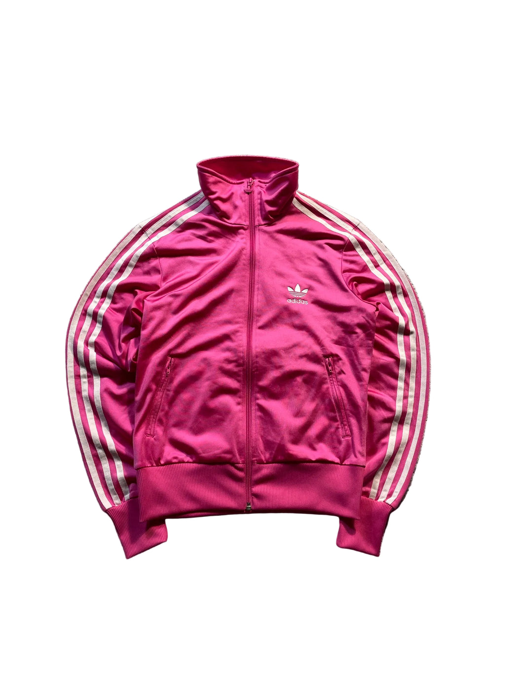 Schnell Spart adidas Trainingsjacke in leuchtendem Pink mit weißen drei Streifen, Stehkragen und Trefoil-Logo.