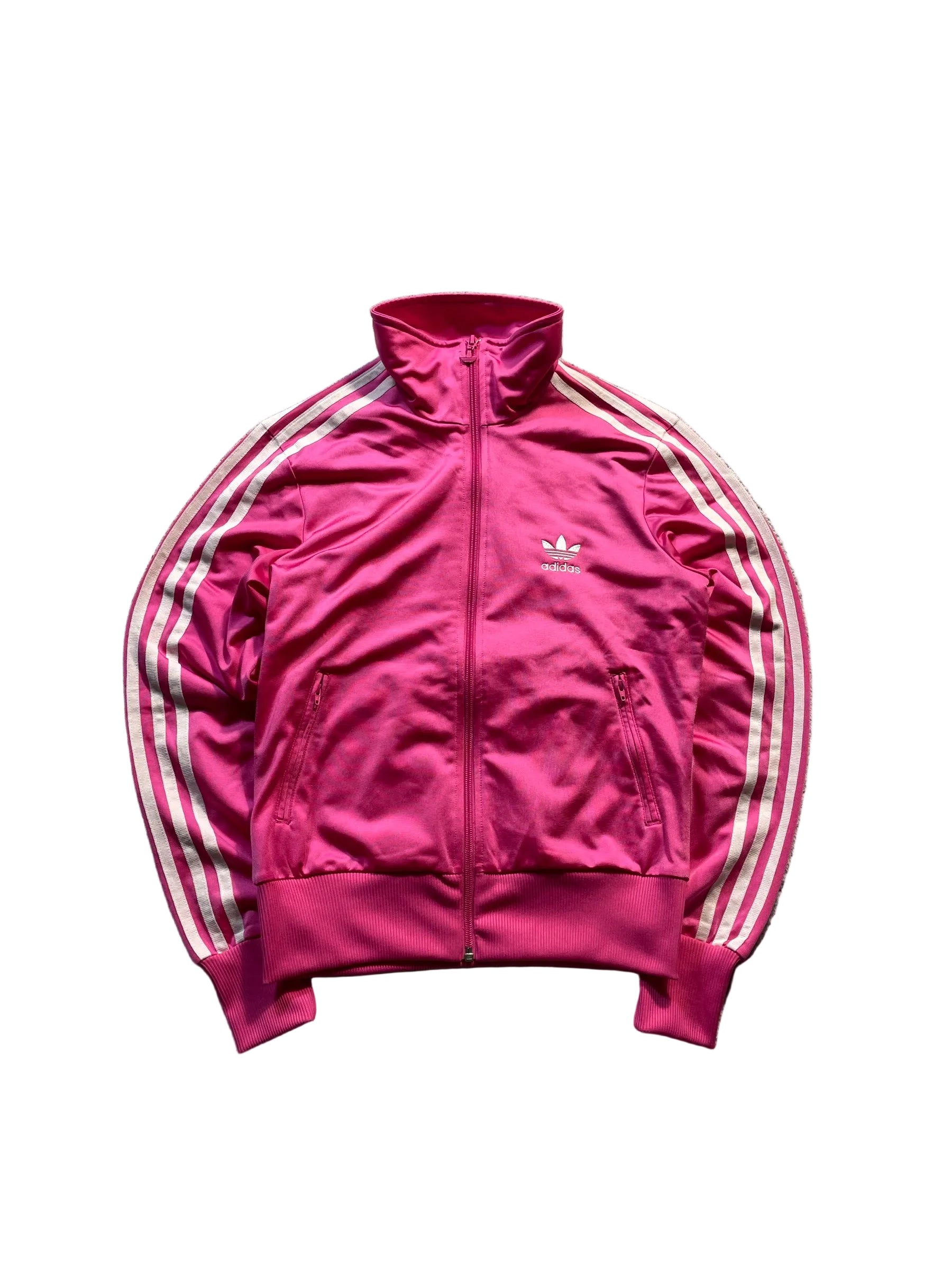 Schnell Spart adidas Trainingsjacke in leuchtendem Pink mit weißen drei Streifen, Stehkragen und Trefoil-Logo.
