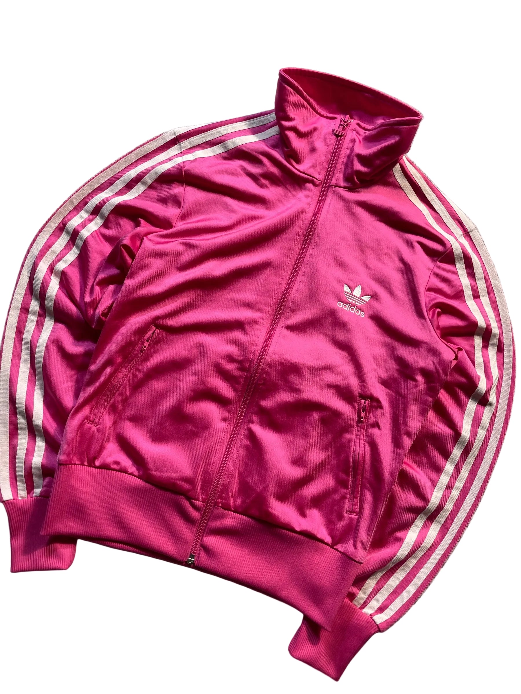 Schnell Spart adidas Trainingsjacke in leuchtendem Pink mit weißen Streifen, Stehkragen und Trefoil-Logo