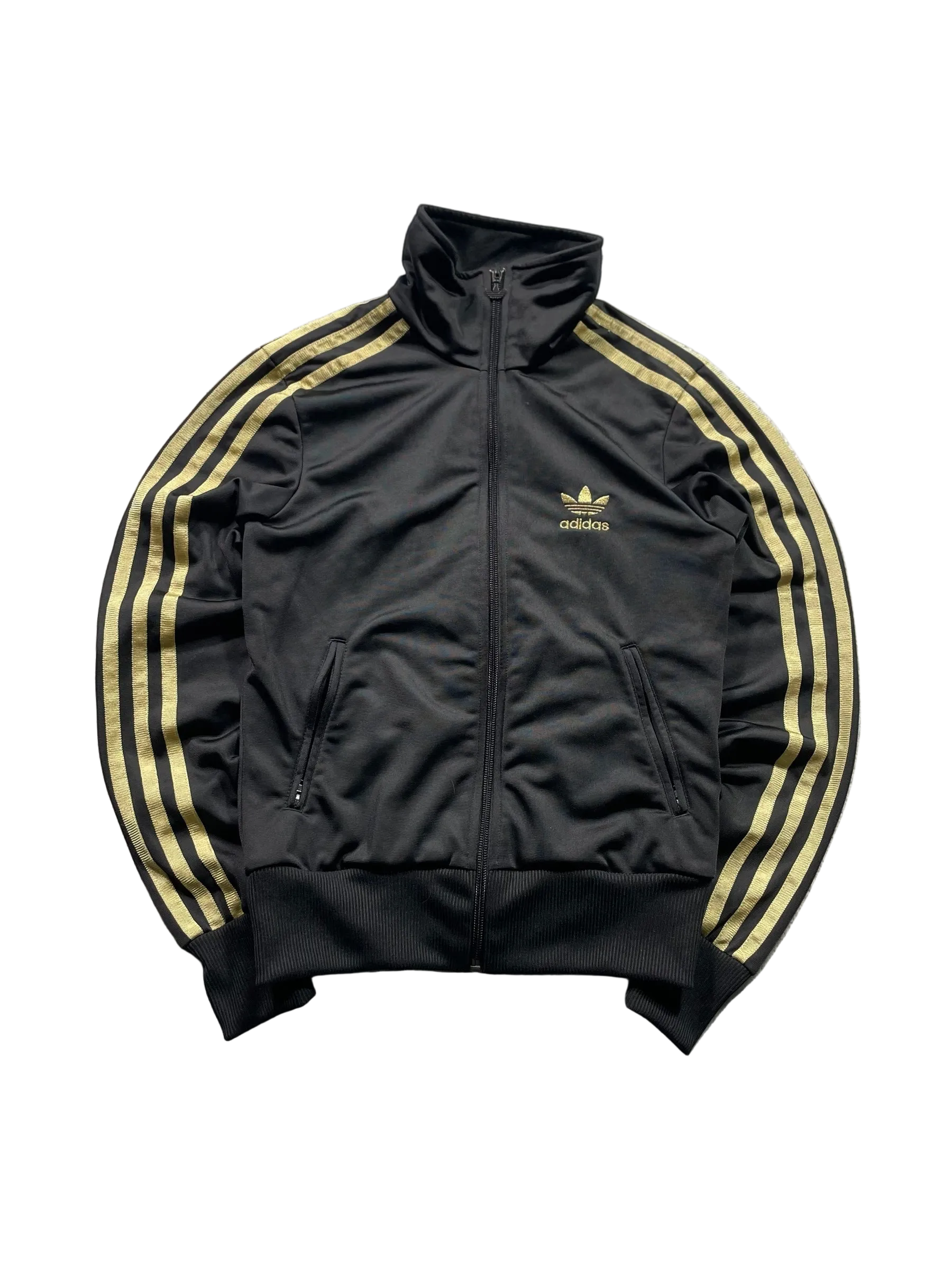 Schnell Spart Adidas Trainingsjacke in Schwarz mit goldenen Streifen, Stehkragen und Trefoil-Logo auf der Brust