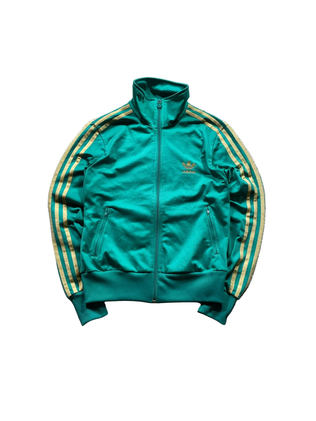 Schnell Spart adidas Trainingsjacke in Grün mit goldenen Streifen, Stehkragen und Reißverschluss
